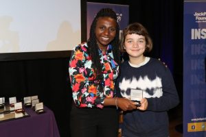 Isabel winning an Jack Petchey Achievement Award with Donna Fraser as VIP for the event