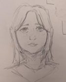 A pencil sketch of a human head and upper shoulders, drawn on white paper. The sketch shows the outline of the head with medium-length hair falling to the sides, visible ears, and a neck with some shading to indicate contours. The shoulders are lightly sketched, and there are faint construction lines around the head.