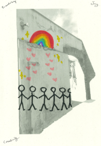 A scanned drawing of a concrete wall and archway has been creatively decorated with colourful hand-drawn illustrations. A rainbow with yellow stars appears above the wall, while pink hearts cascade down the side. Along the bottom, six stick figures hold hands in a line, symbolising friendship and unity. Handwritten words in the margins read “Friendship,” “Joy,” and “Creativity.” The artwork combines photography and illustration to convey themes of connection, positivity, and community.